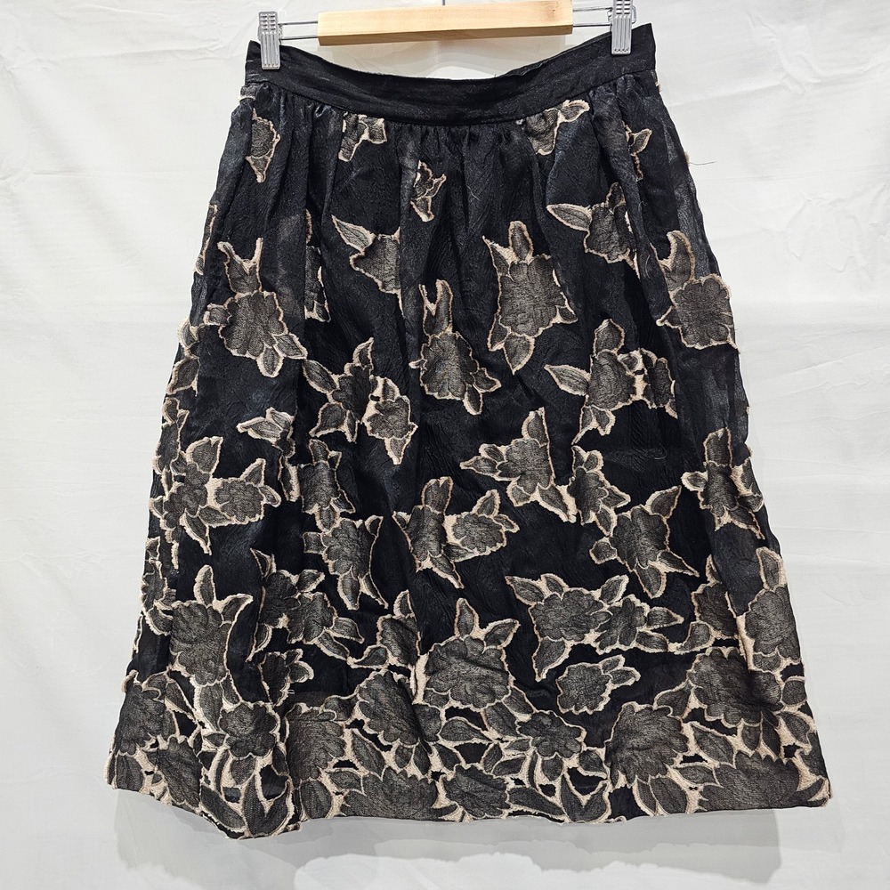 H&M Black Size 10 Metallic Gold Floral Jacquard Midi Skirt A-Line High Waist